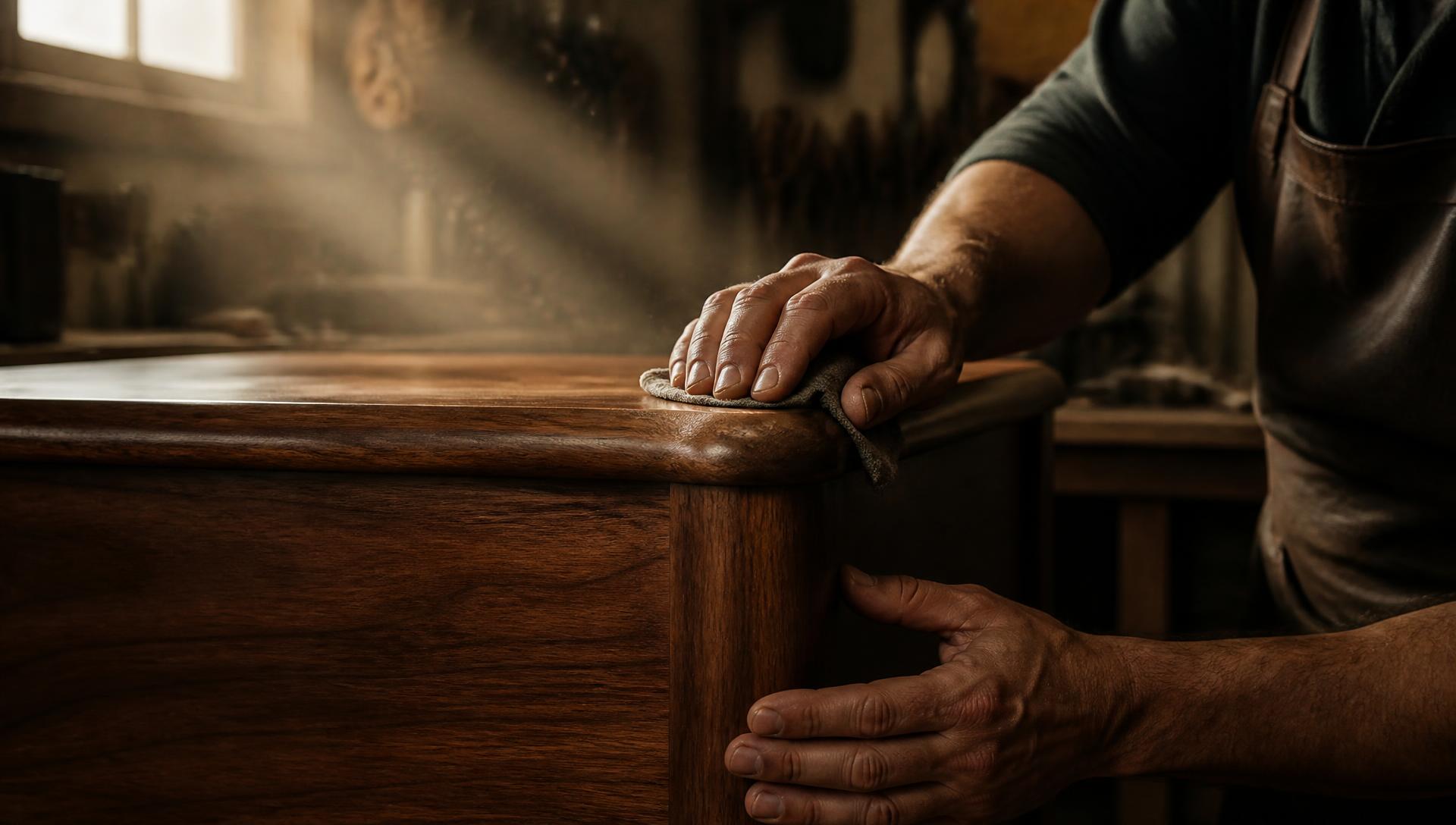 Artisan hand-polishing a walnut cabinet in the Ardevaé workshop